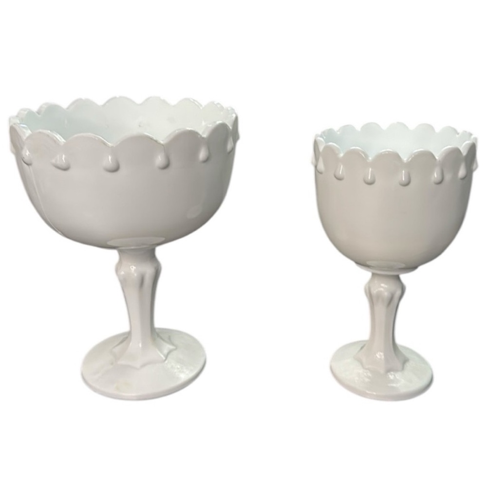 Vintage Set of 2 Milk Glass Teardrop Scalloped Pedestal Compote Bowls EVC